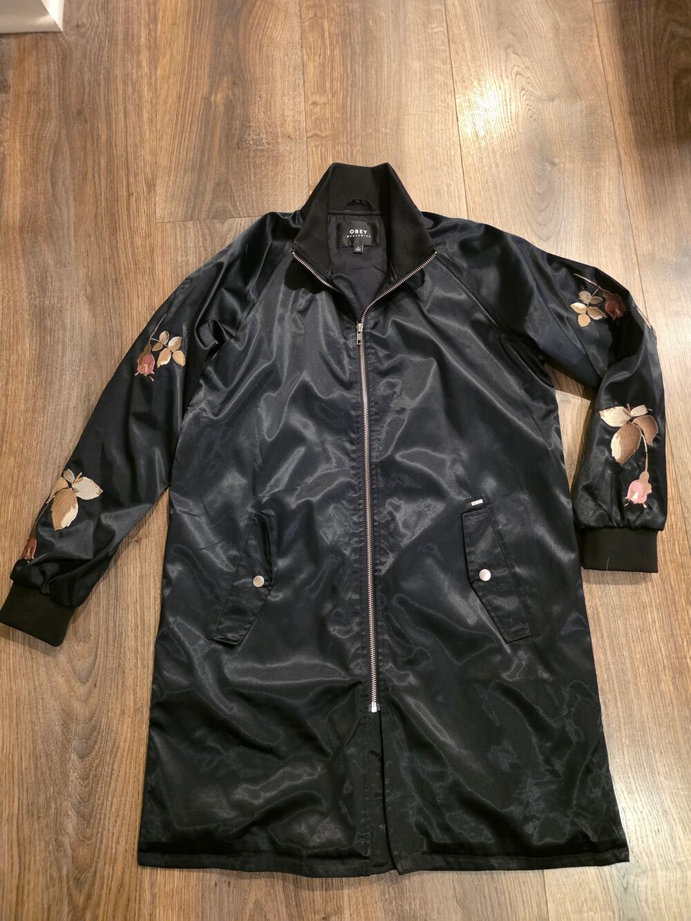 Obey Worldwide Black Satin Long Jacket Coat Rose Floral Embroidery Size M
